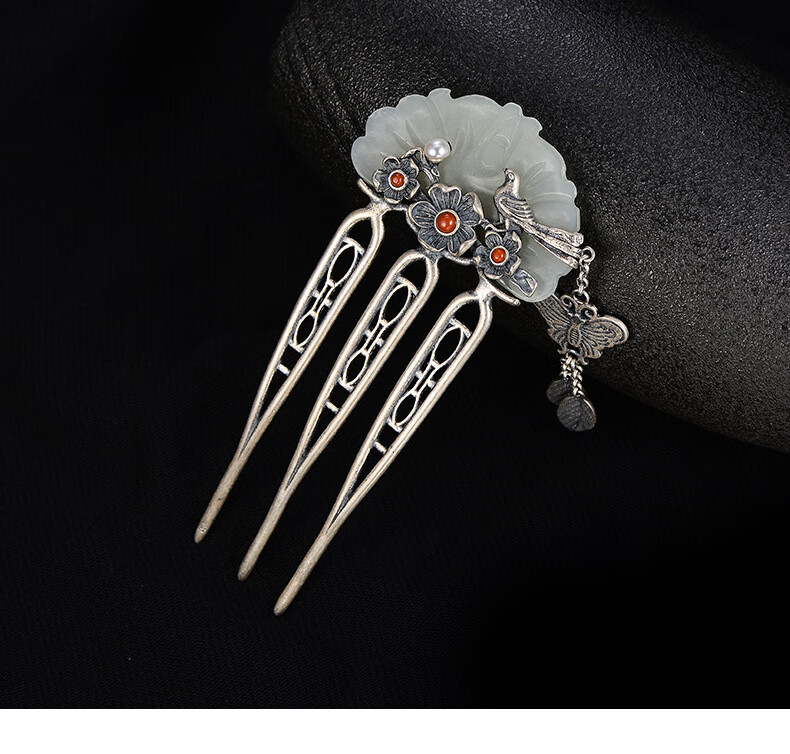 s925银喜上眉梢和田玉镂空蝴蝶流苏发钗古典风汉服发簪头饰簪子喜上