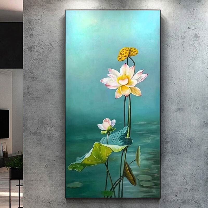 敏骏高档纯手工油画新中式荷花图玄关装饰画客厅竖版茶室挂画入户过道