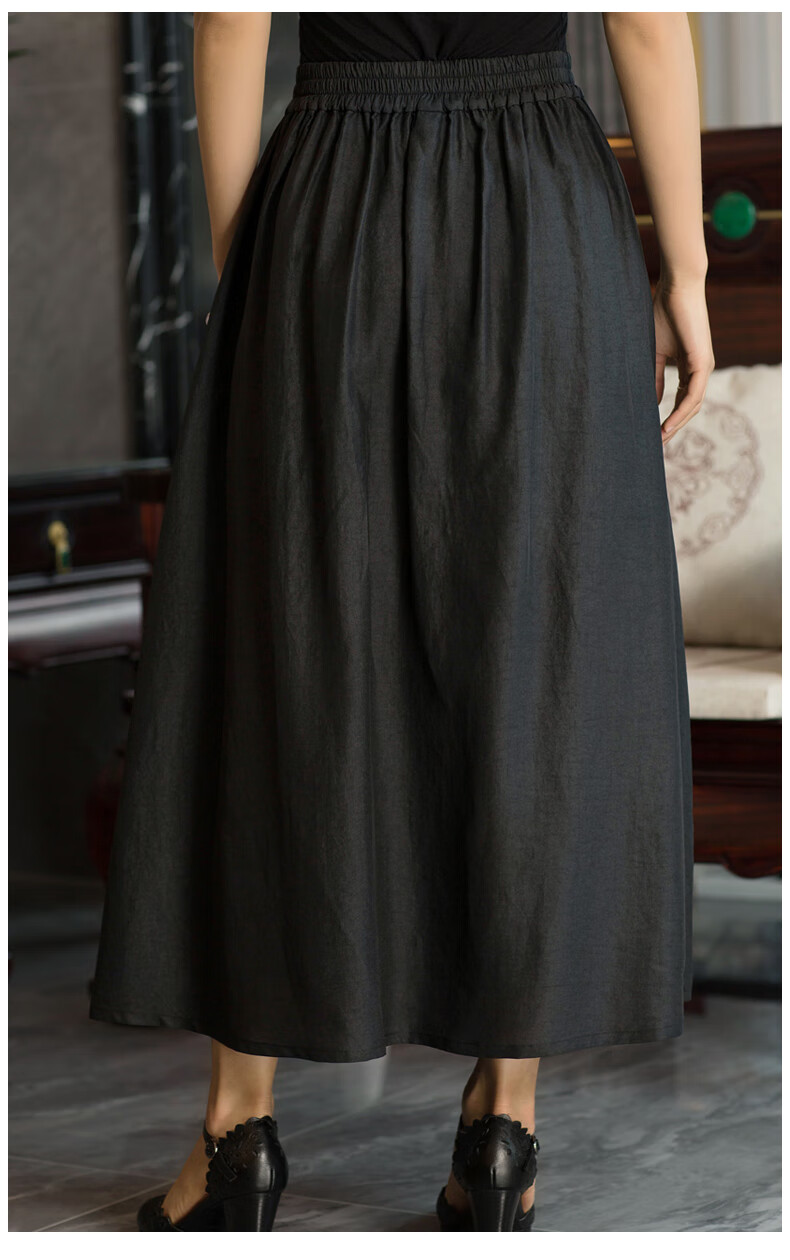 华族经典高端刺绣真丝香云纱黑色半身裙女a字显瘦遮胯半松紧长款黑色