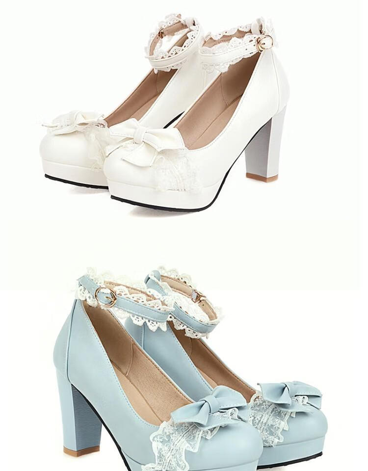 学生乐 洛丽塔高跟鞋细跟公主甜美防水台蝴蝶结蕾丝洛丽塔单鞋女 粉红