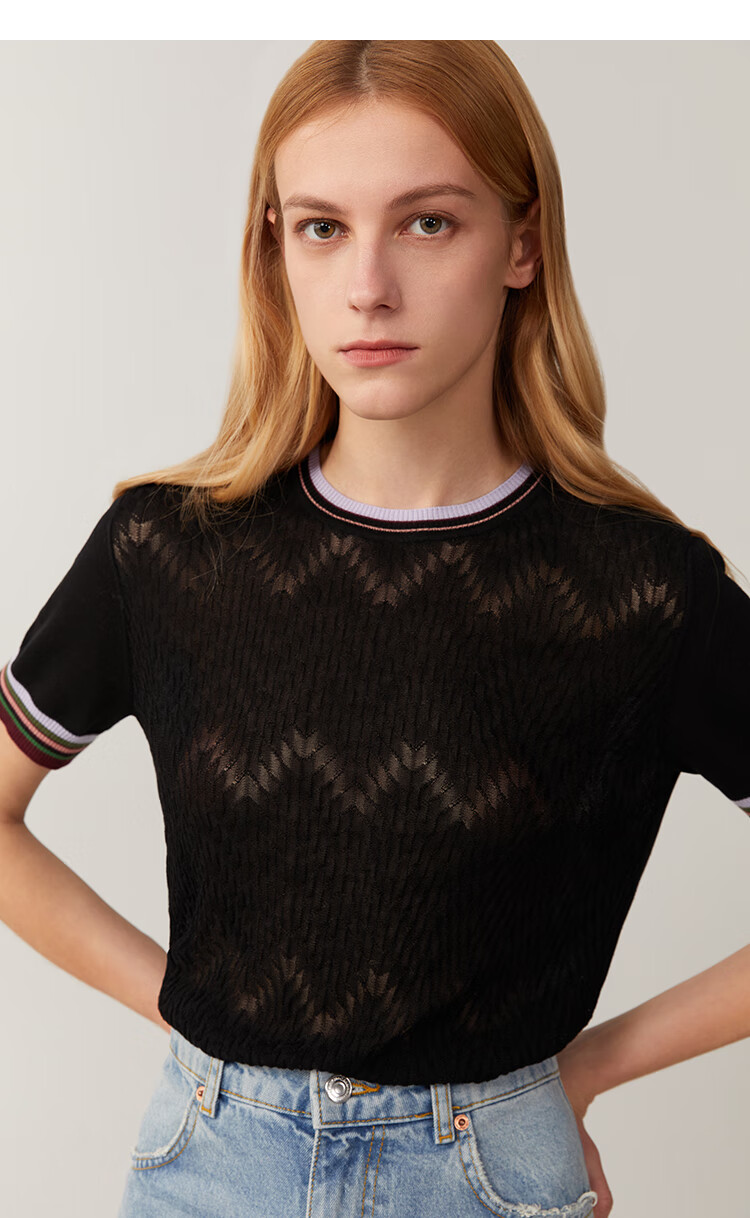 zb/珍贝圆领短袖真丝衫女2022夏季新款可机洗桑蚕丝上衣薄时尚462 本