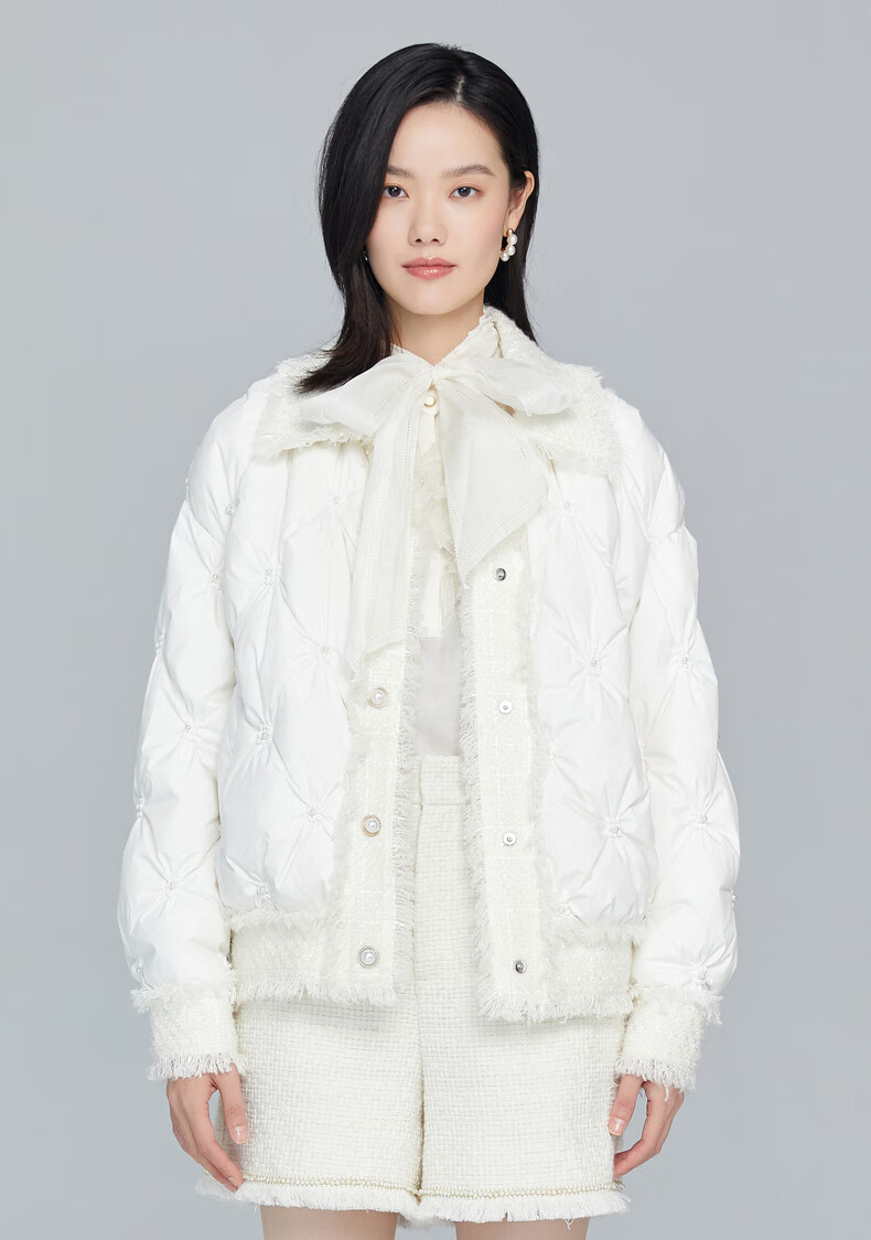 芭蒂娜白色羽绒服2021冬装新款粗花呢拼接设计感白鸭绒羽绒外套女 本