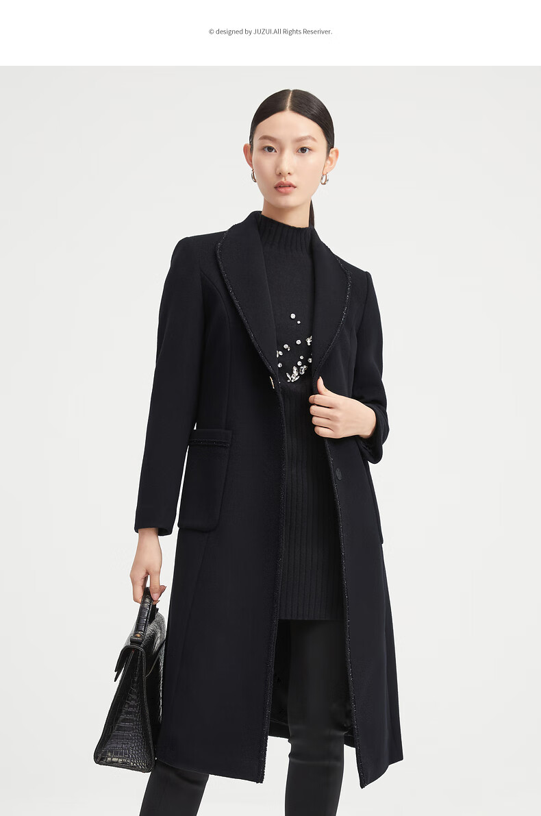 玖姿羊毛黑色小香风复古青果领女毛呢大衣juzui玖姿2021冬季新款素黑l