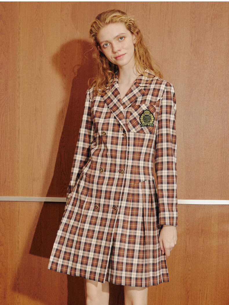 teenieweenie小熊格纹连衣裙女2021冬季新款女长裙卡其色155xs