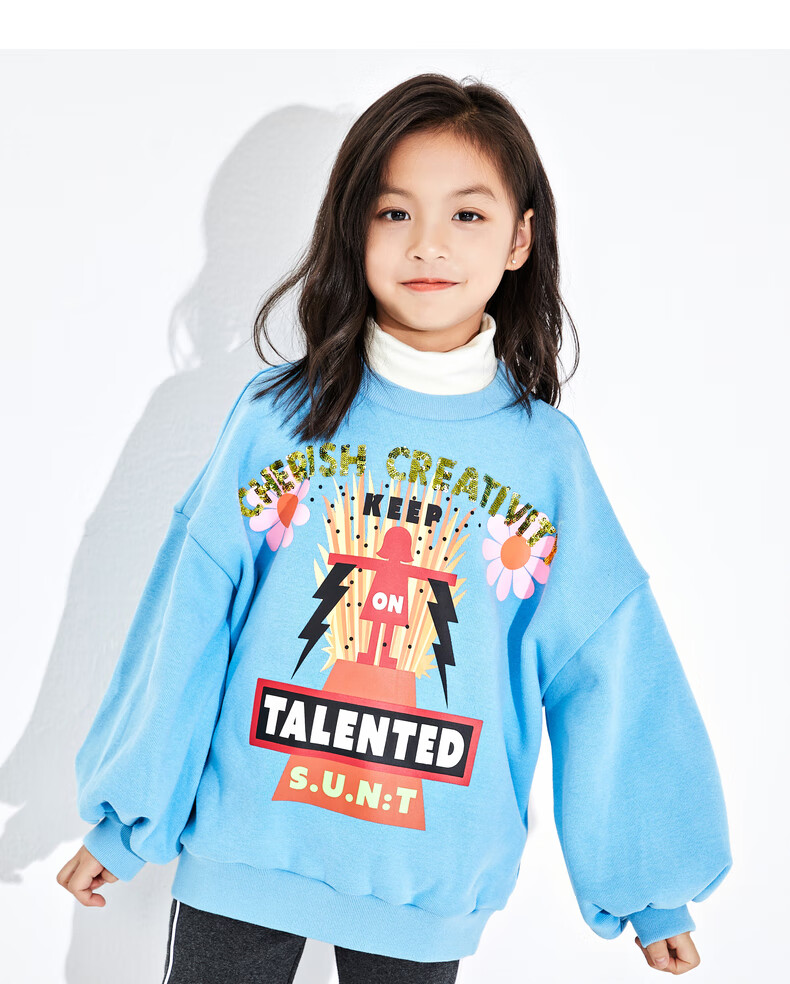 suntomorrow女童卫衣秋冬2021新款潮流童装宽松洋气加绒宝宝上衣水蓝