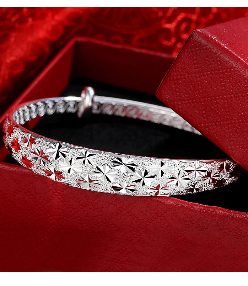 999银实心满天星手镯女士母节简约妈妈推拉足银镯子约20g999银足银