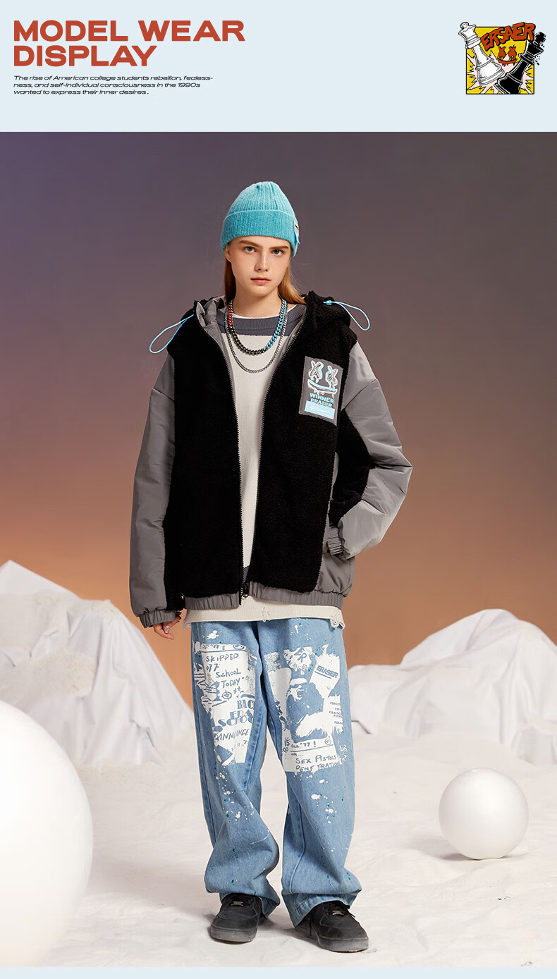 er笑脸羊羔绒拼接棉服2021年冬季新款休闲国潮宽松棉衣情侣加厚外套