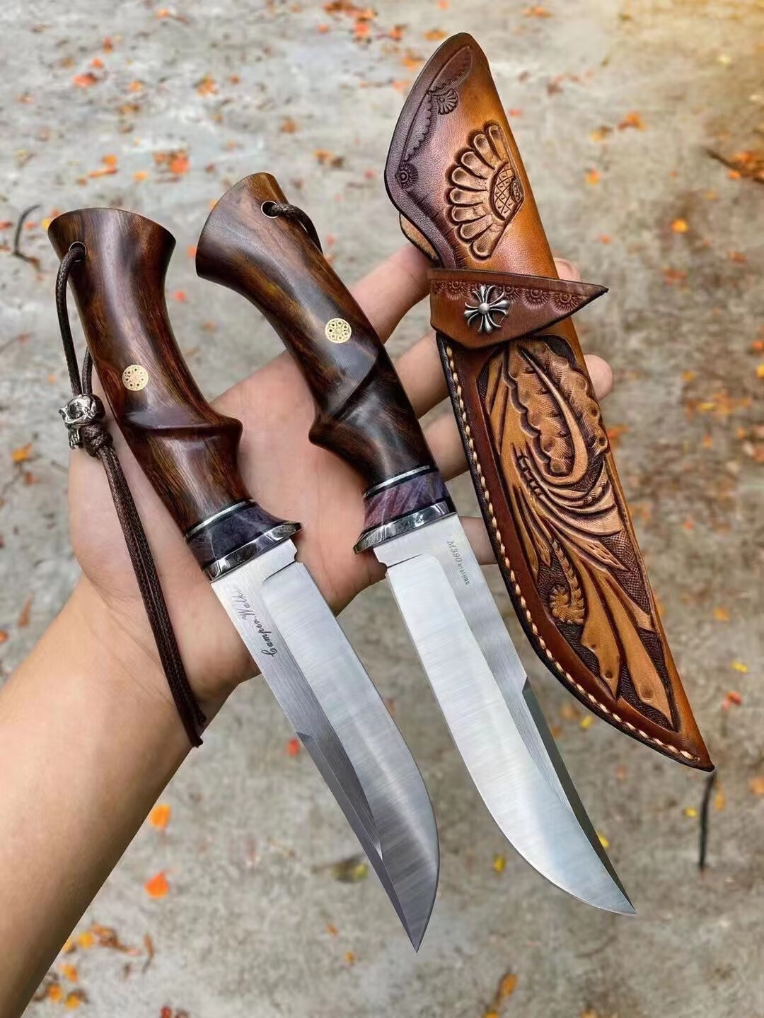 硕哥 奥地利m390粉末钢刀野营m390直刀稳定木隔片美国沙漠铁木手柄