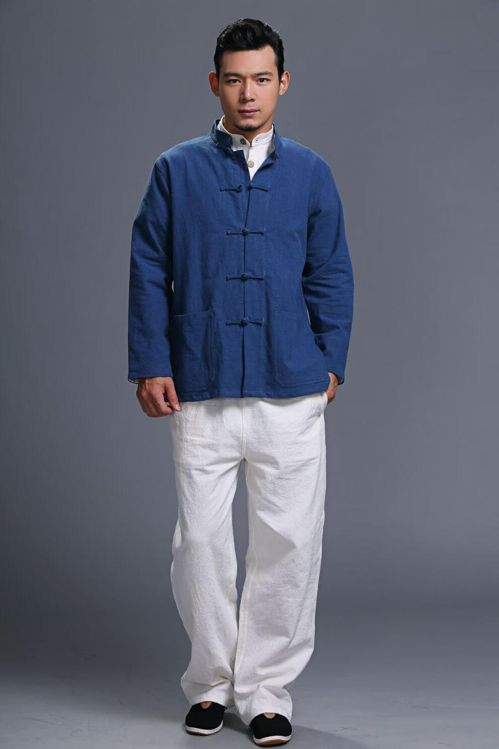 新中式服装男装秋中老年长袖白色打底衫唐装男士衬衫爷爷装上衣爸爸装