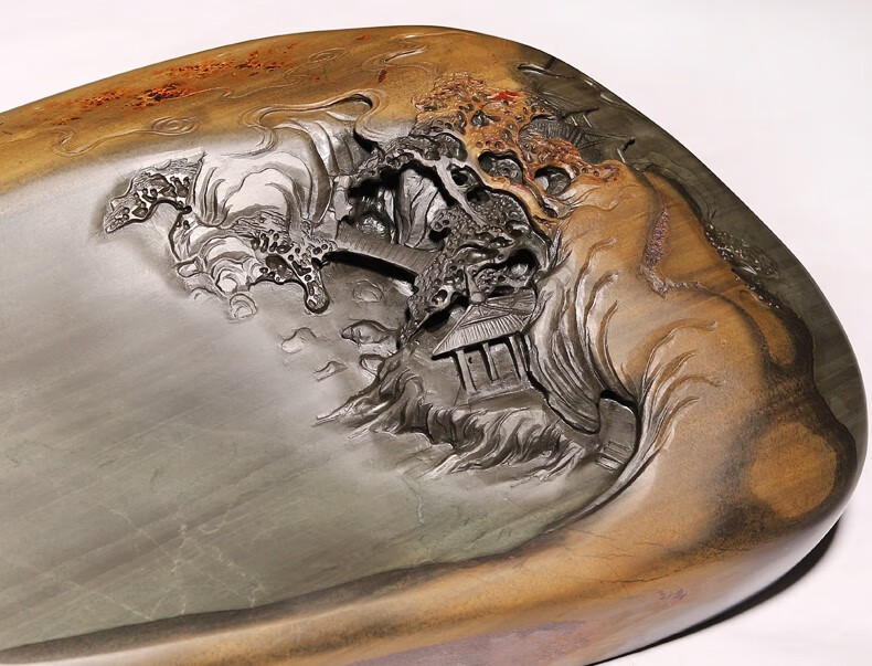 fgacct 非遗安徽歙砚手工立体浮雕山水大砚台济源坑鱼籽金晕天然原石