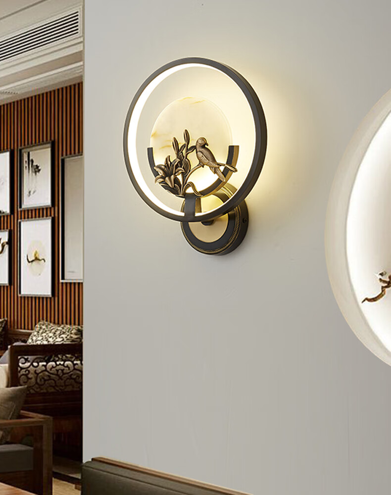 圣弈全铜新中式壁灯客厅电视墙灯卧室床头灯禅意圆形楼梯过道走廊led