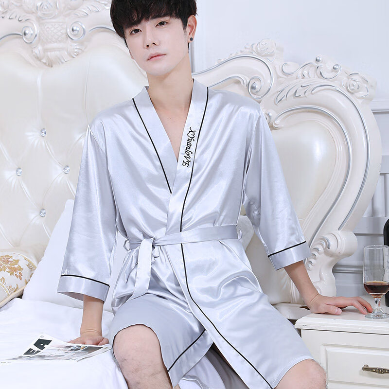 以纯联名同款a12价好货夏季男士睡袍冰丝潮汕揭阳睡衣浴袍丝绸薄款