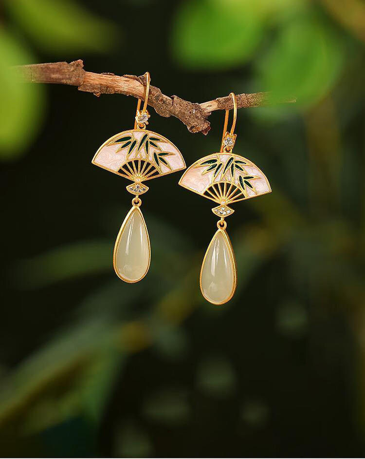 妙灵阁森系超仙扇形耳环鎏金青玉中国风耳坠气质古风耳饰旗袍平安扇