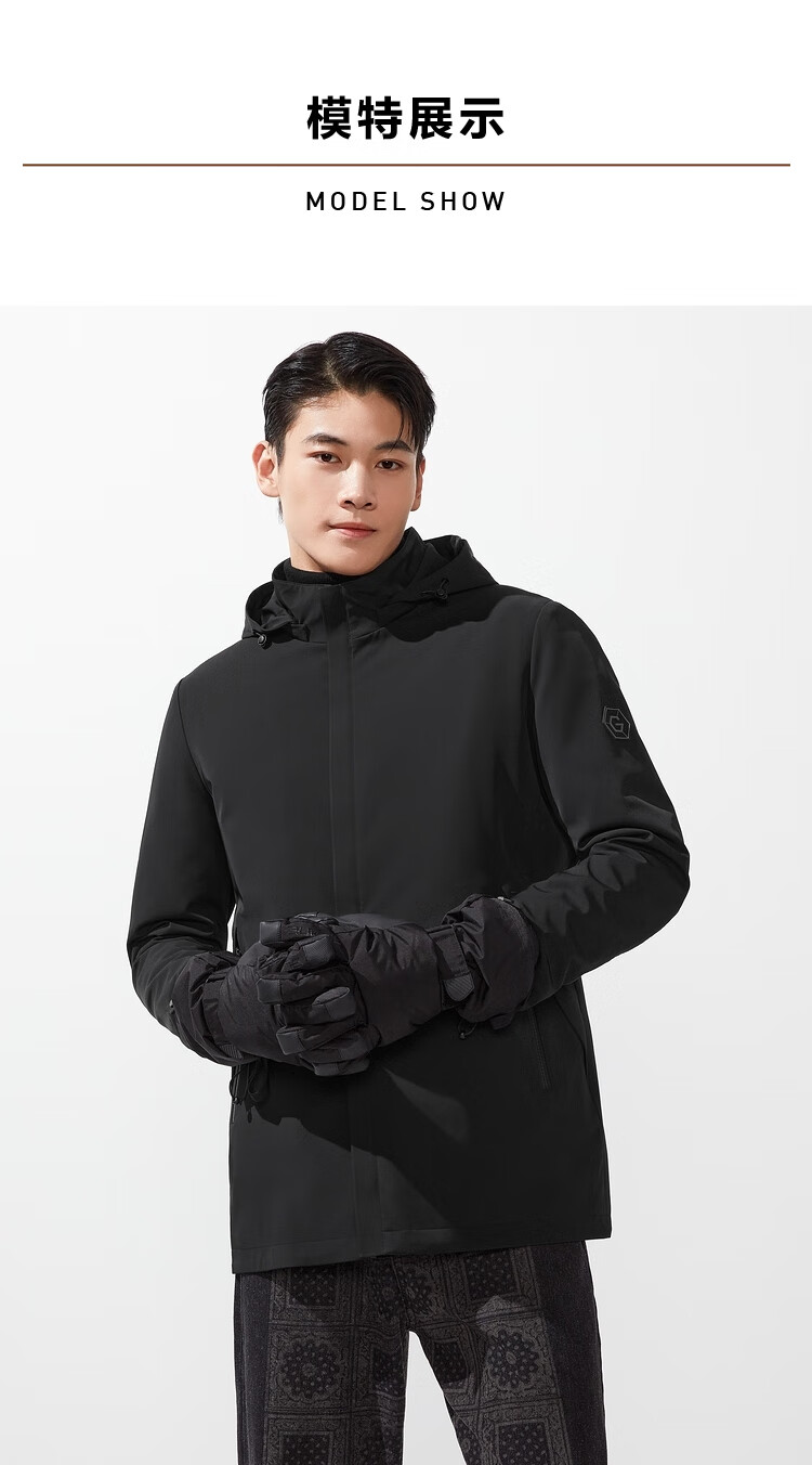 hla海澜之家风衣男2021冬季新品连帽纯色可脱卸内胆石墨烯保暖外套男