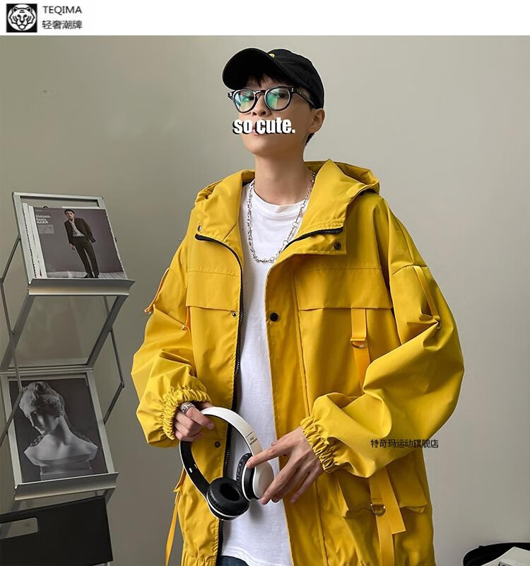 香港夹克男儿童运动鞋日系工装连帽夹克男大码防风上衣服春季潮牌痞帅