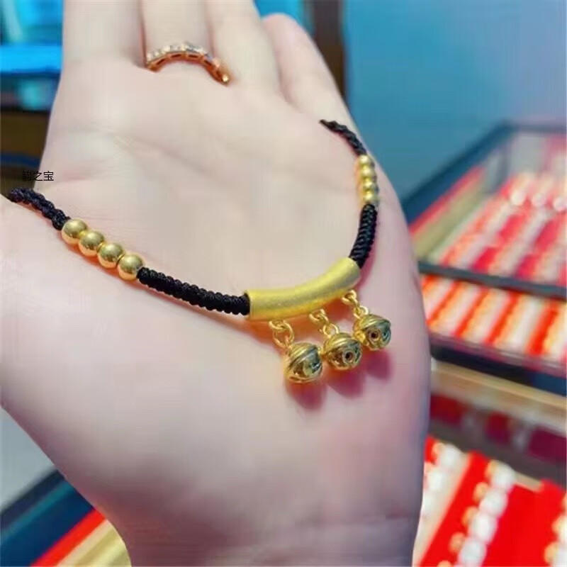 中秋礼物黄金项链弯管铃铛竹节3dz硬金转运珠编织锁骨链女足金999吊坠