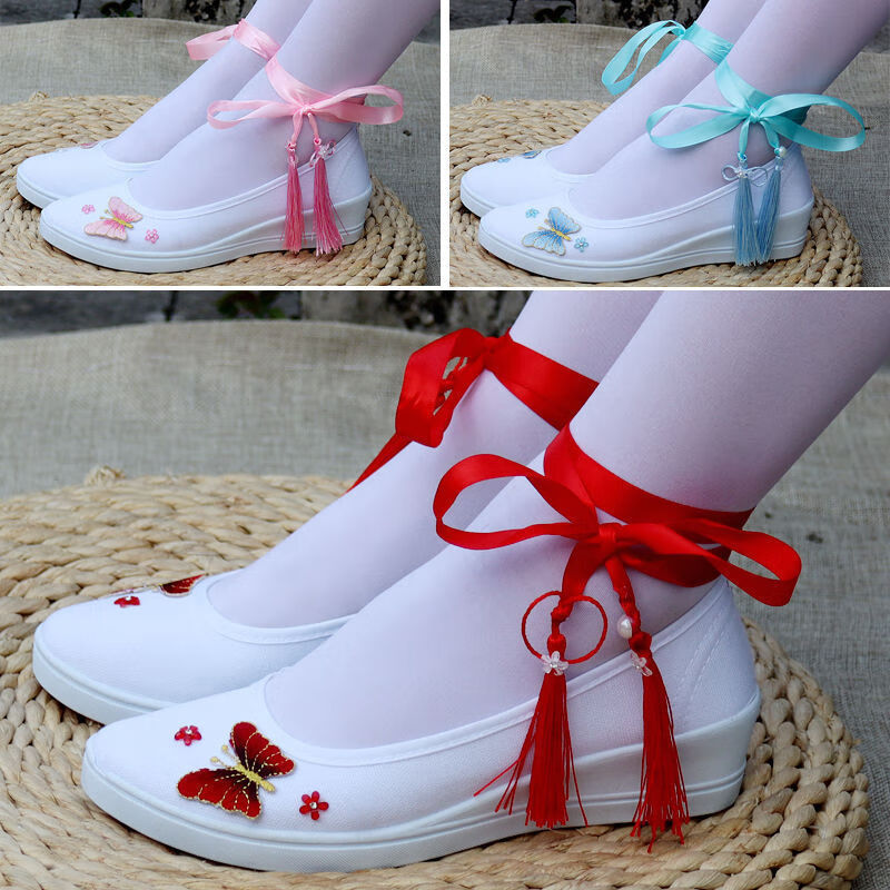 古风汉服鞋古风汉服鞋子女超仙古装学生舞蹈白色帆布刺绣花平底坡跟