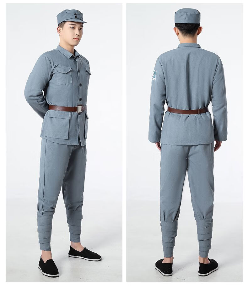 红军演出服话剧抗战八路军新四军衣服小红军长征服装棉麻蓝灰红110cm