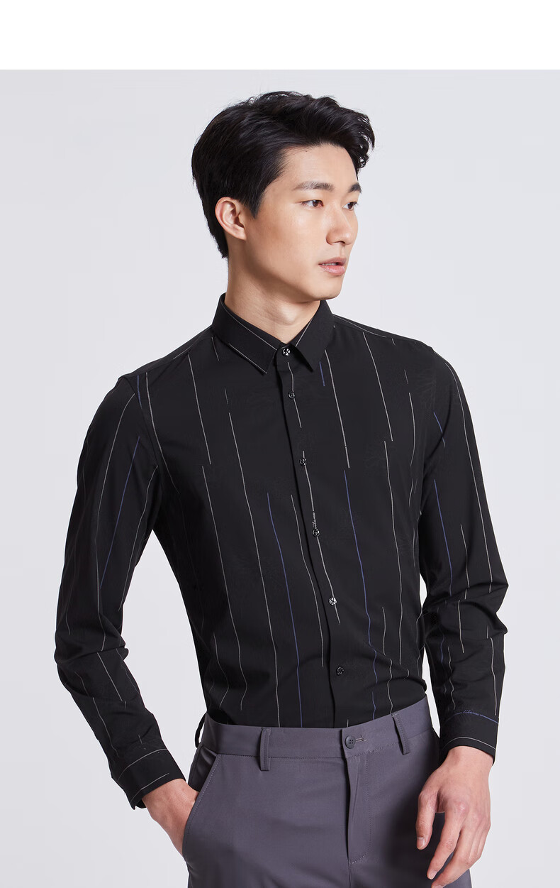 利郎官方 休闲衬衫男2022年春季尖领潮流修身条纹长袖休闲衬衣男 黑