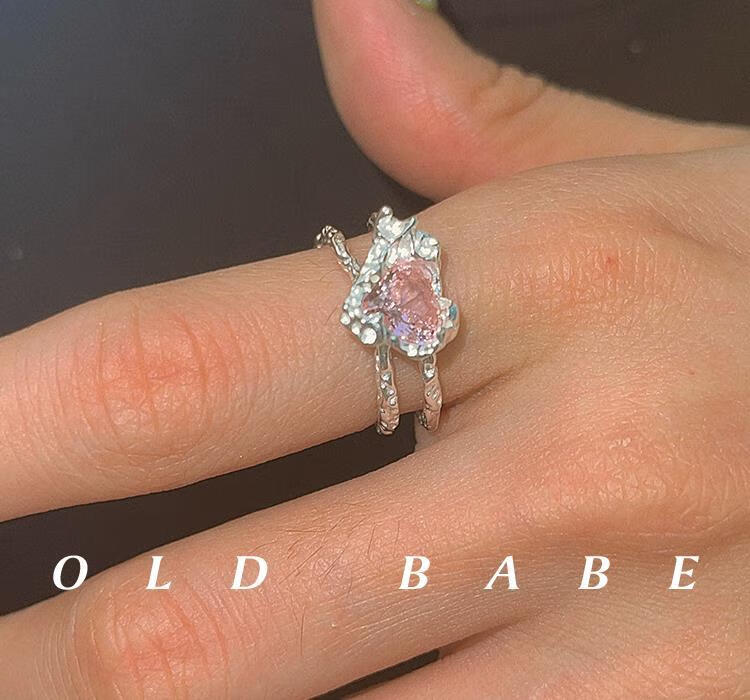 梦蔻925银粉色爱心戒指女开口可调节小众设计百搭轻奢食指环礼物粉