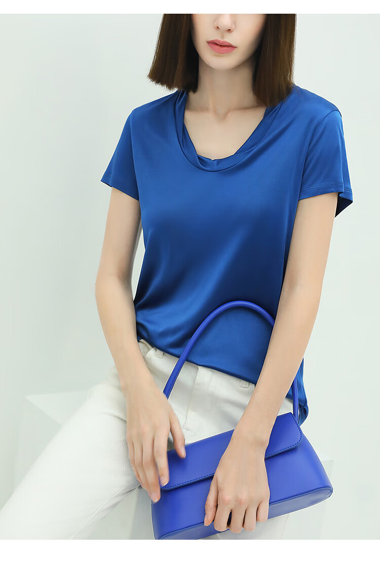 cocobella高奢纯醋酸纤维垂顺丝滑凉感短袖光泽缎面质感t恤ts81蓝色m