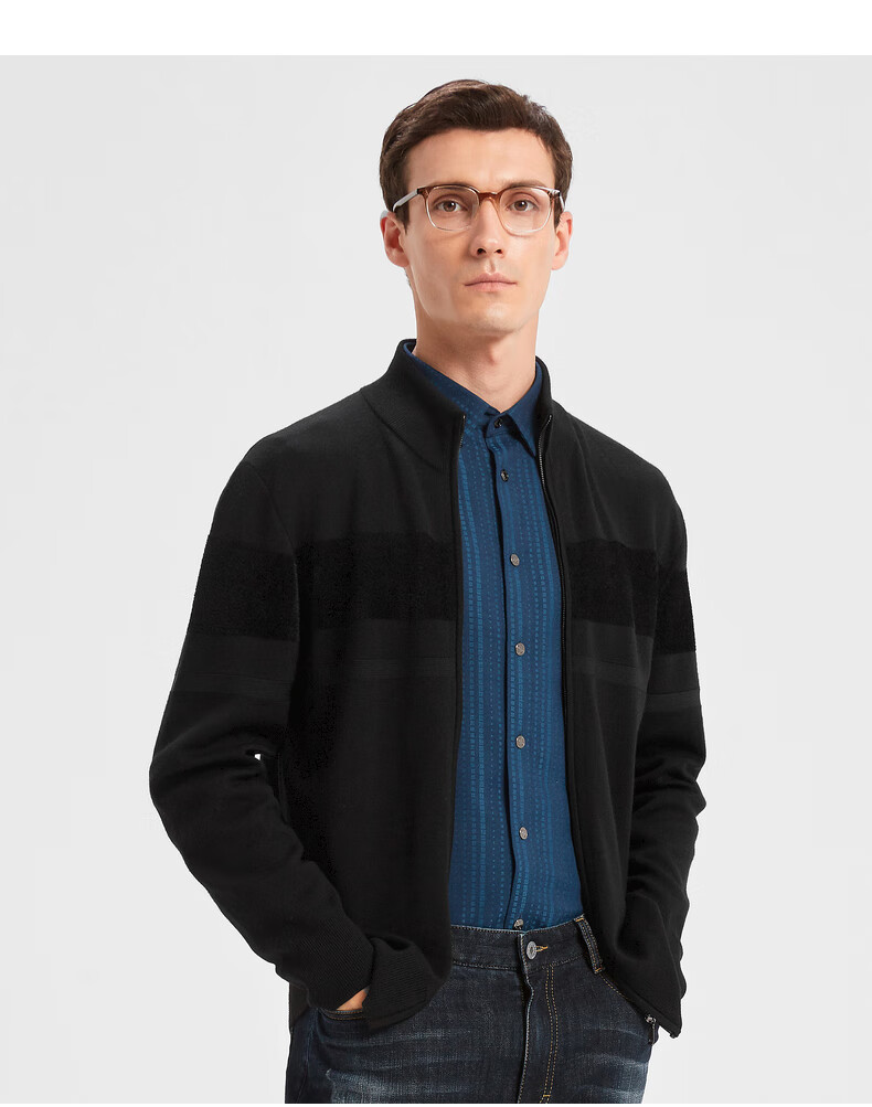 劲霸男装商务休闲茄克毛衫外套男士圆领拉链针织开衫byxd3363黑色170