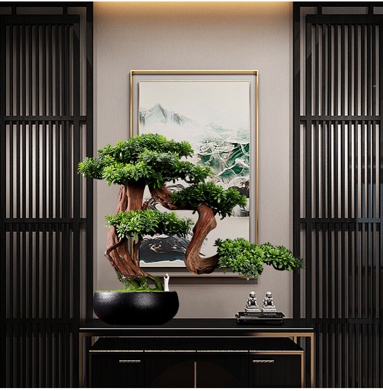 芊阙室内仿真迎客松盆景绿植盆栽酒店假树景观样板间植物玄关装饰摆件
