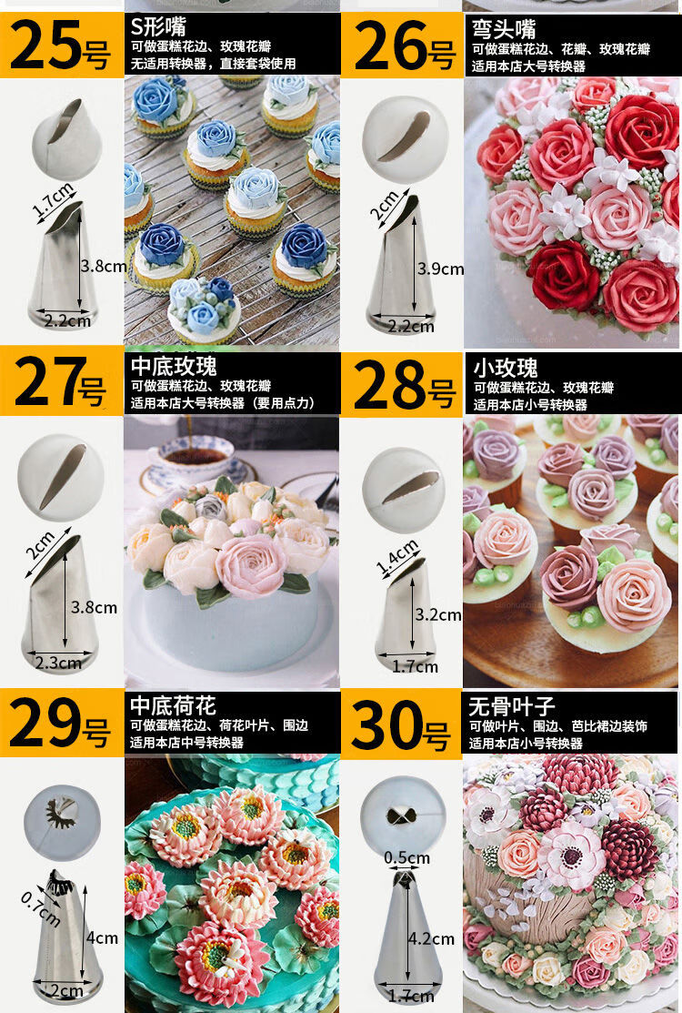 裱花嘴单个304不锈钢溶豆曲奇玫瑰花嘴寿桃泡芙挤奶油嘴烘焙家用20个