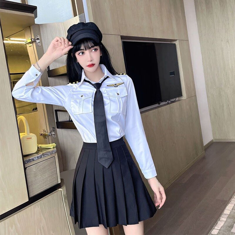 品质精选空姐jk制服套装女夜店酒吧工作服海军风职业装长袖领带衬衣两