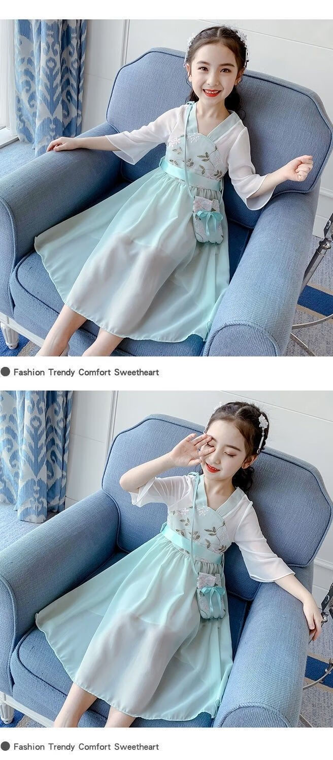 汉服女童连衣裙裙子大童女装中国风童装春夏装裙子12岁粉色荷包束腰