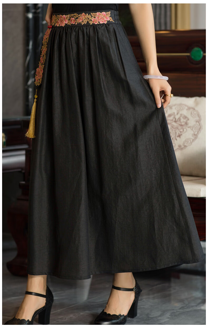 华族经典高端刺绣真丝香云纱黑色半身裙女a字显瘦遮胯