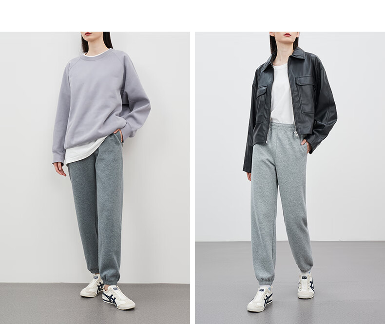 欧小仓轻运动系列 灰色复合绒感卫裤 松紧腰秋冬运动一片式束口裤(7天