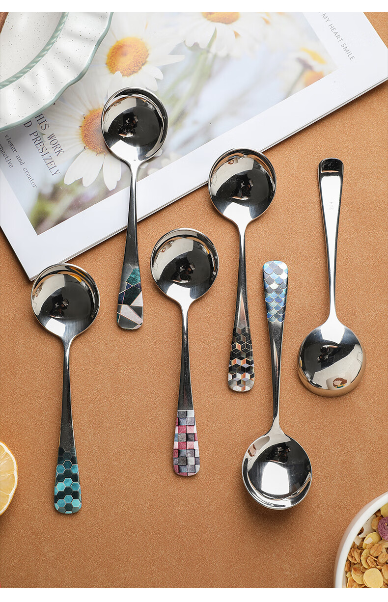 tinyhome家用304不锈钢勺子汤勺儿童吃饭调羹长柄饭勺网红西餐勺鱼鳞