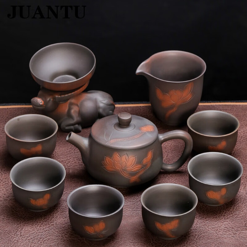juantu建水紫陶高端功夫茶具套装家用复古陶瓷泡茶壶大盖碗整套紫砂