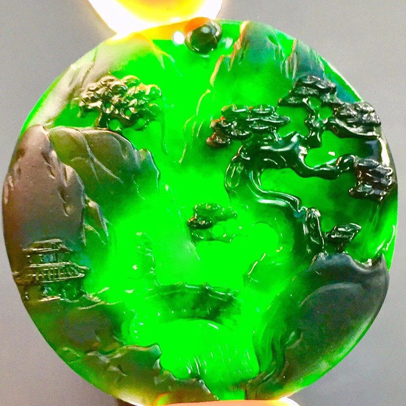 发源地老坑帝王绿底色墨翠山水宁静致远吊坠手工雕刻翡翠玉佩玉石珠宝