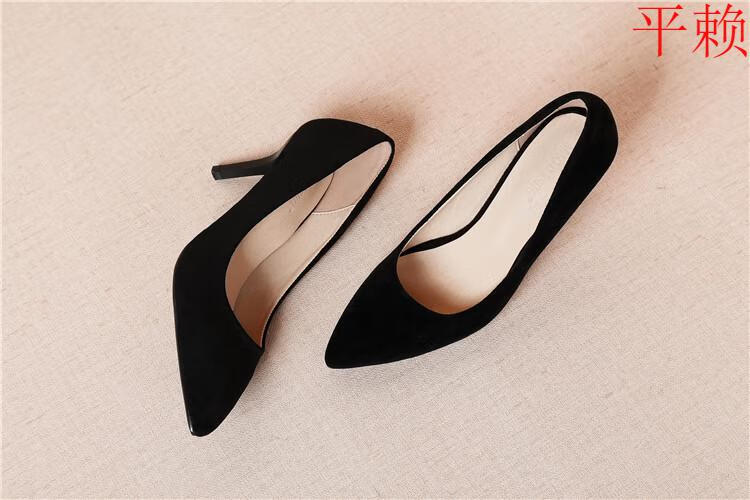 60煜晞白丽款高跟鞋女细跟5cm7公分尖头气质黑色绒面职业上班族西装