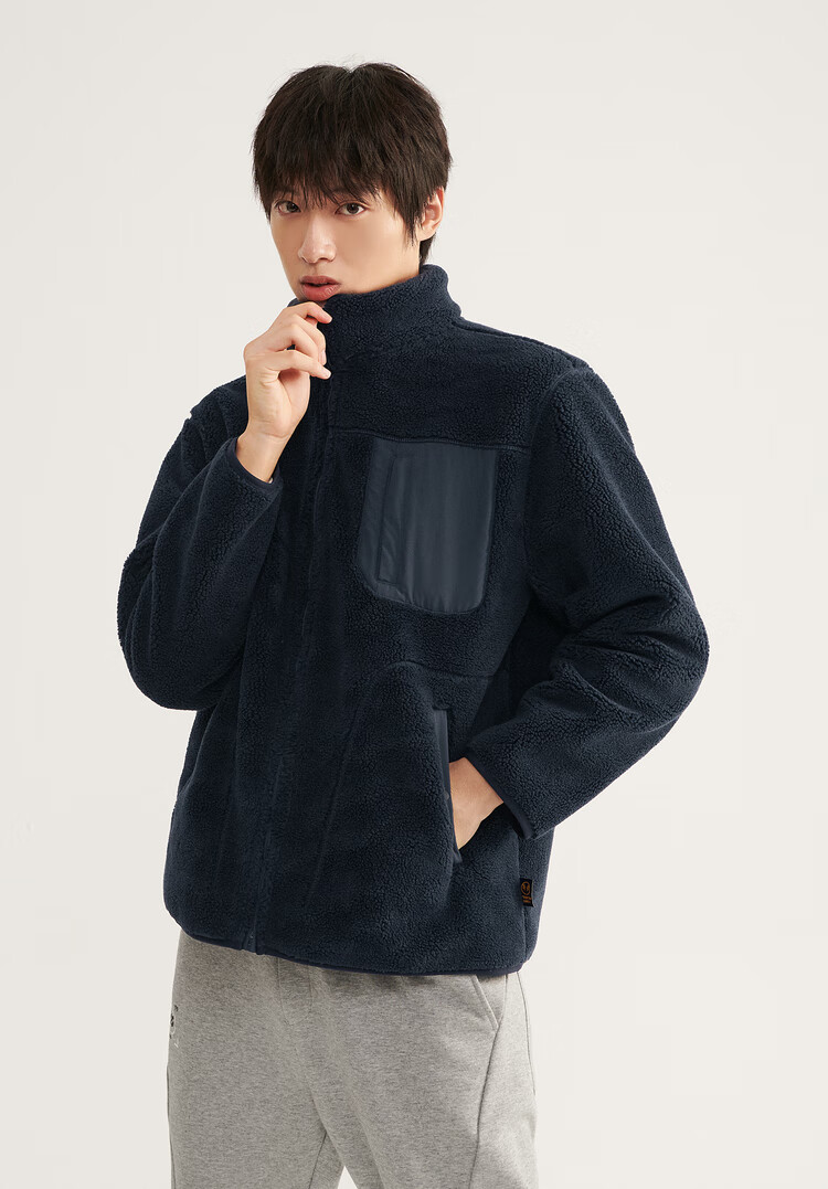 hla海澜之家蓬松保暖摇粒绒夹克2021秋冬新款仿羊羔毛加厚外套男藏青