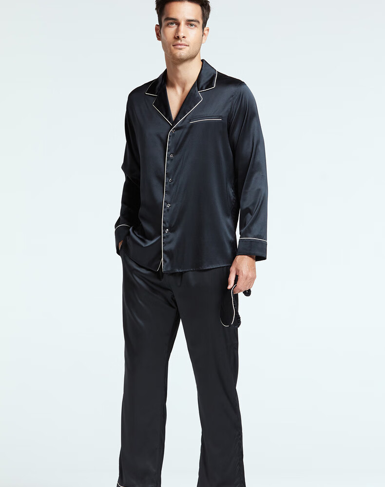 爱慕先生真丝翻领开衫短袖长裤男士睡衣套装奢享舒适ns2022007银灰色