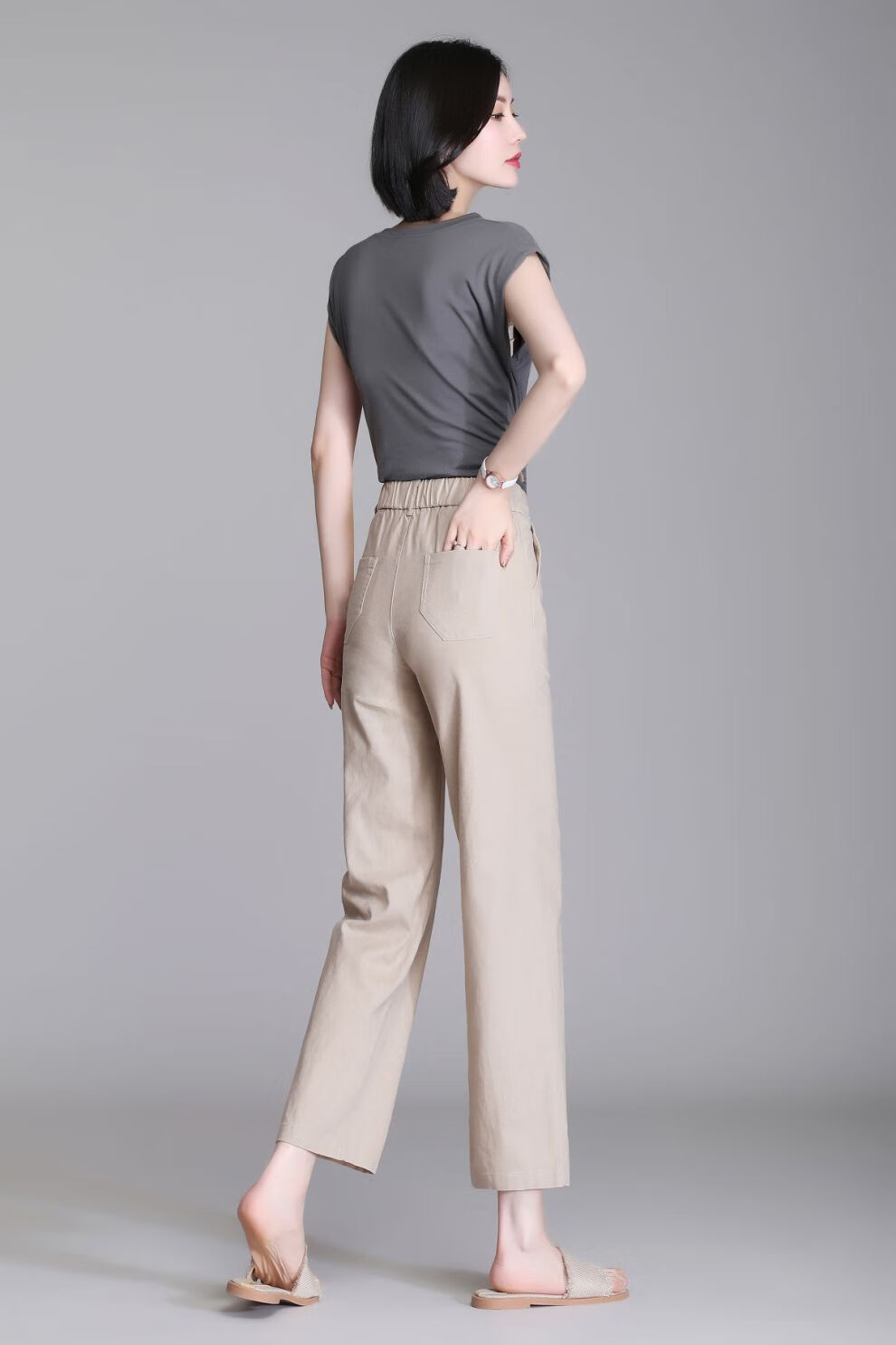 皮尔卡丹品牌高档女装棉麻直筒裤女九分春夏薄款高腰宽松显瘦亚麻休闲