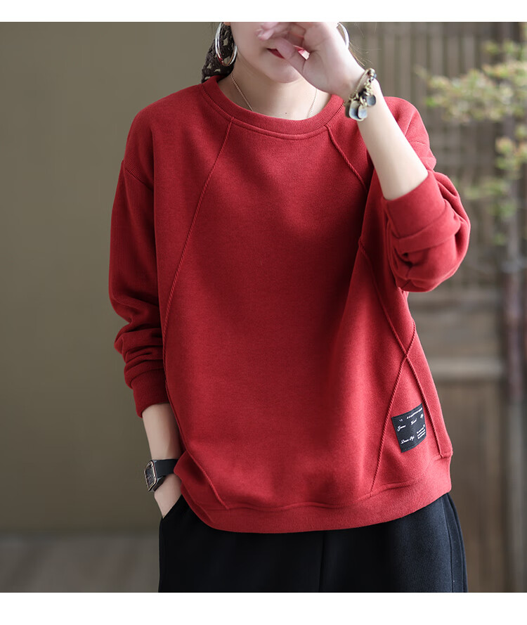 南极人轻奢高档品牌女装加绒卫衣女秋冬宽松大尺码复古常规款圆领加厚