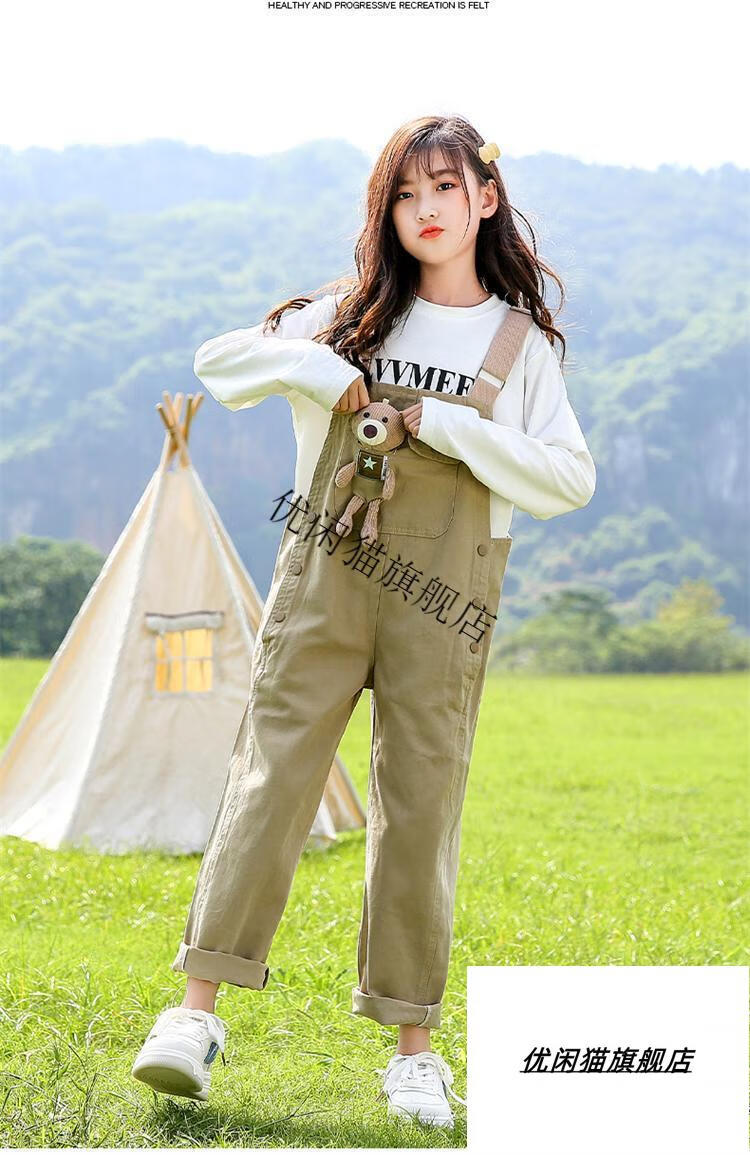 史努比同款牛仔背带裤女童吊带裤中大童休闲裤子春秋款儿童长裤小学生