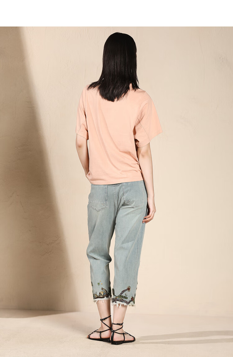 达衣岩时尚舒适长款2022年夏季新品水洗绣花牛仔裤女依旧蓝xs