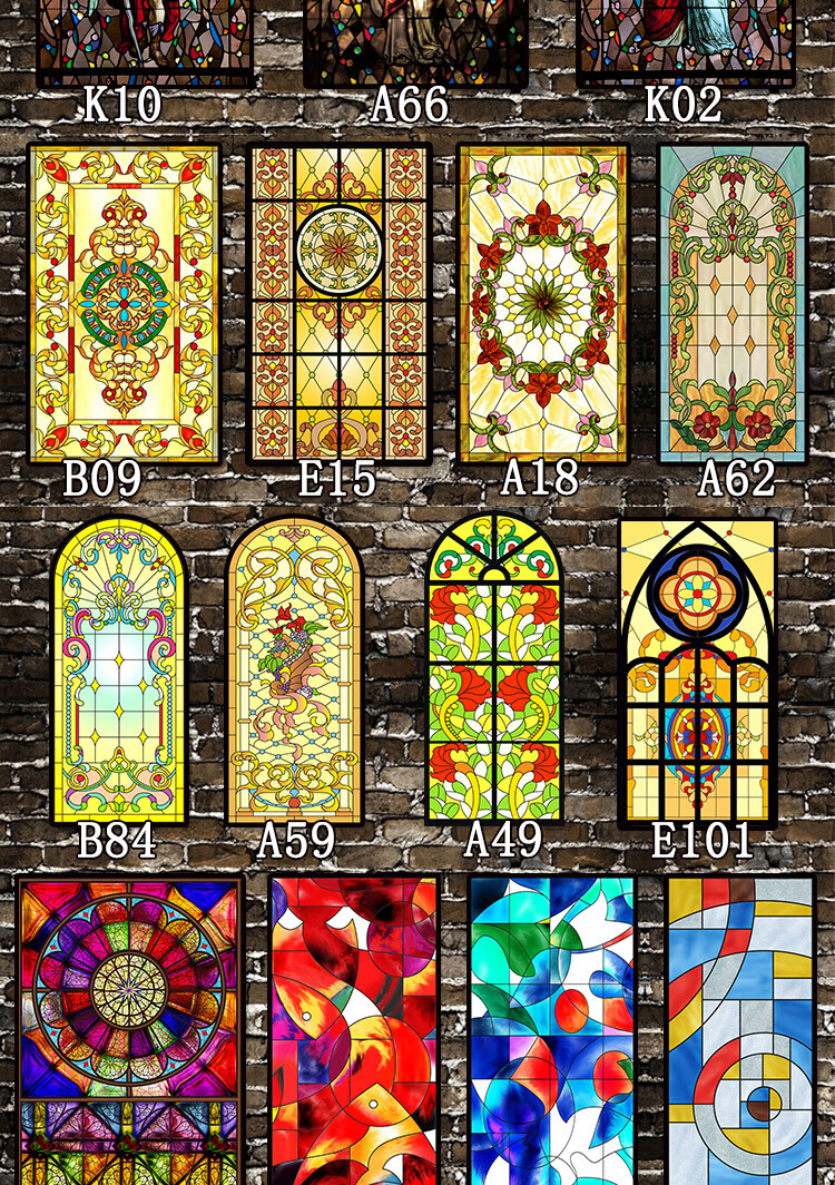 欧式复古教堂彩色玻璃贴纸静电磨砂玻璃贴膜衣柜卫生间窗户花贴纸a035