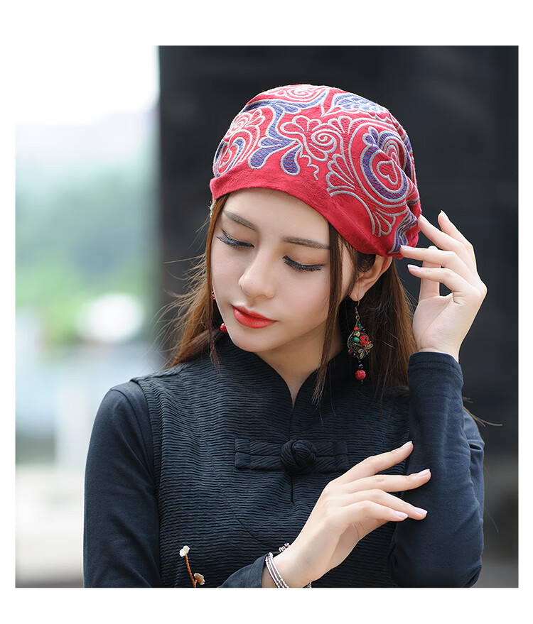 帽子民族风帽子新款双层提花刺绣花复古文艺旅游拍照女士包头帽子藏青
