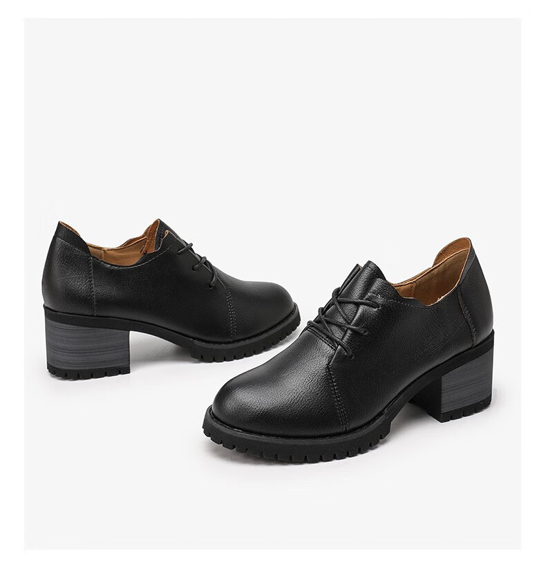 大东2022新款春季简约圆头粗跟车缝线系带小皮鞋女鞋裸色37