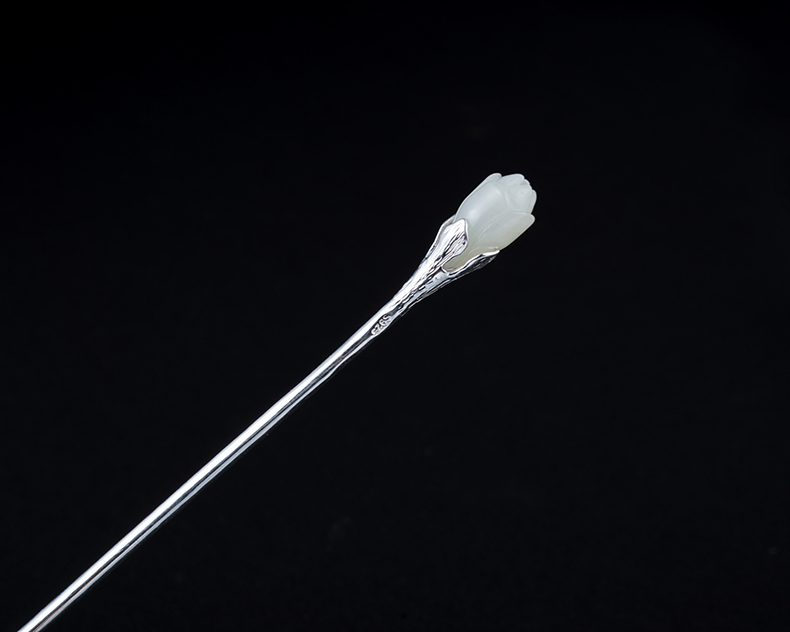 原创手工银镶和田白玉发簪玉兰花古典复古风银簪子盘发头饰品女【图片