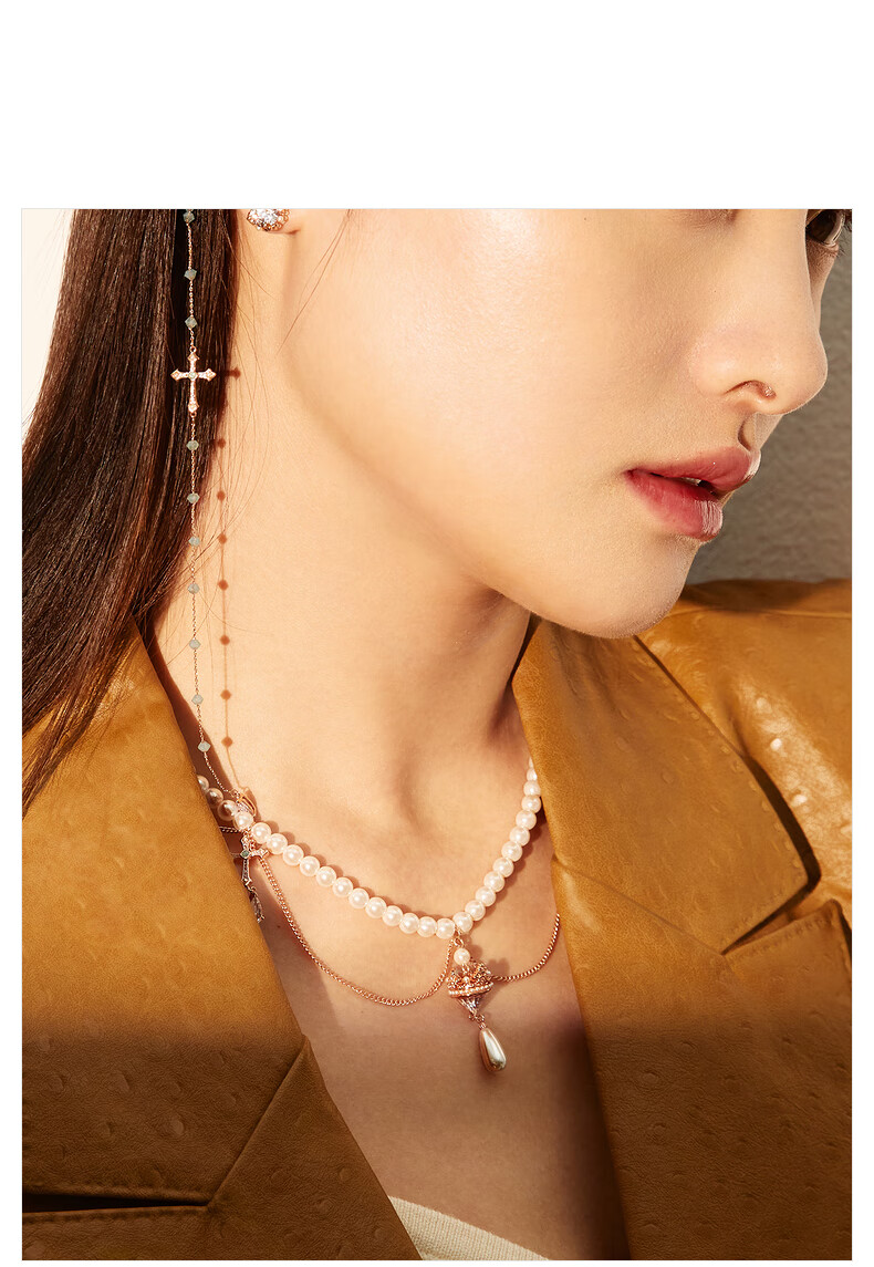 ajidou阿吉豆微光时刻系列双链叠戴人造水晶人造珍珠项链玫金色整长39