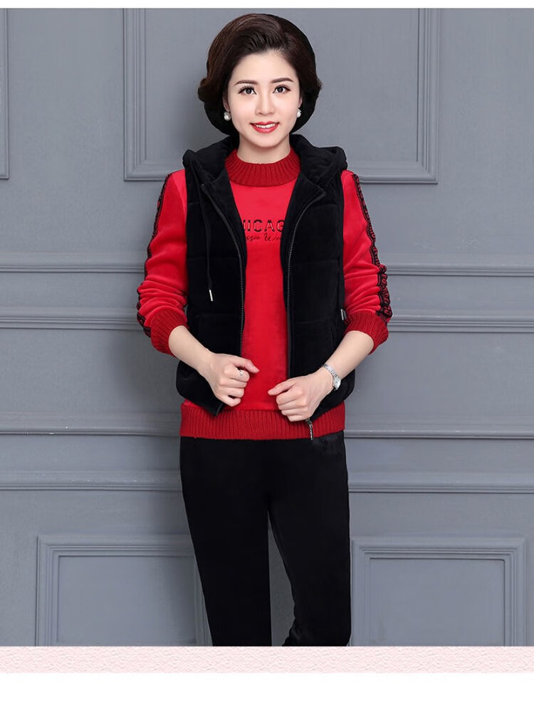 宁寕中老年女款秋冬季加绒加厚休闲卫衣三件套40-50岁妈妈装时尚舒适