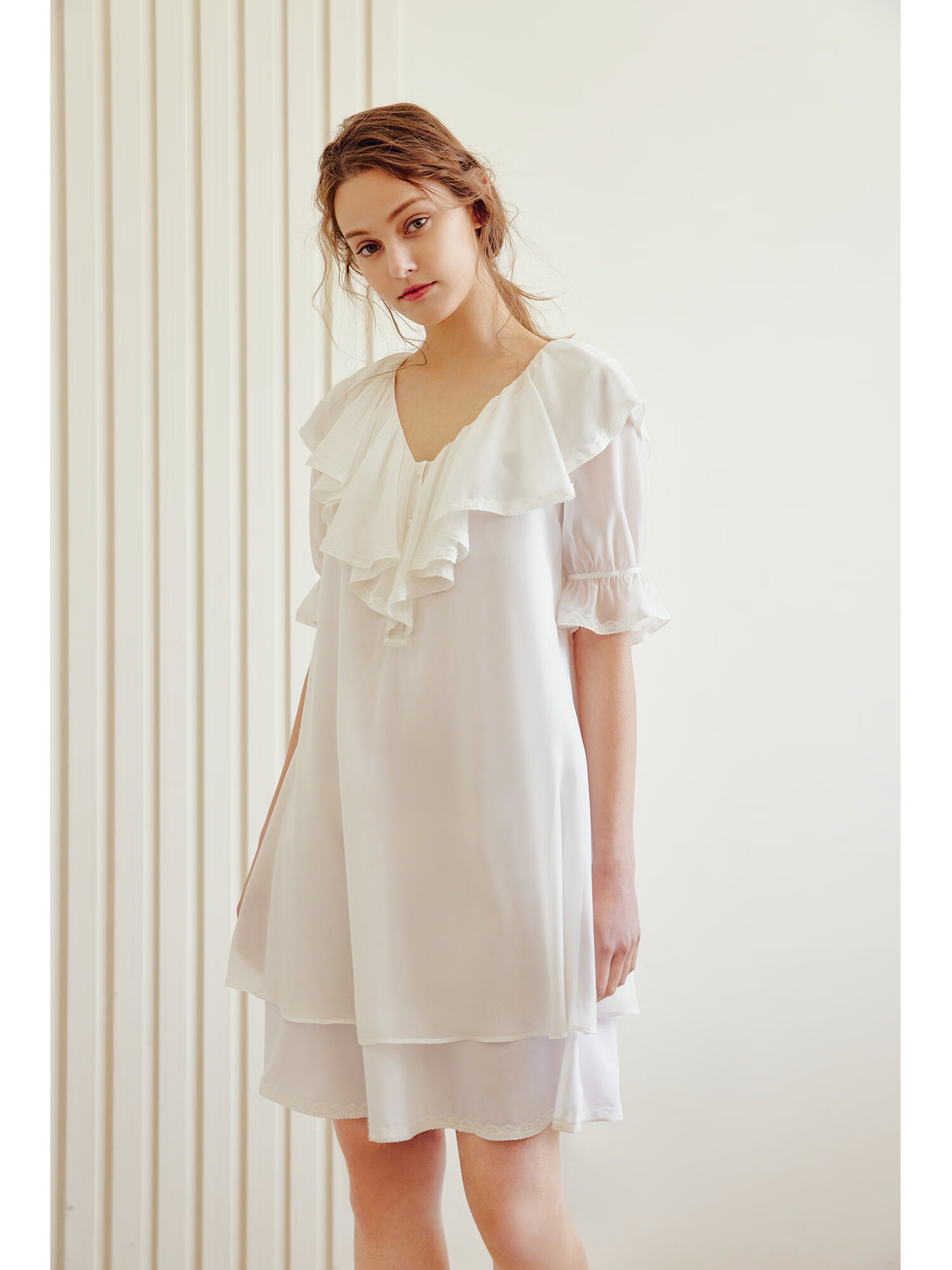 noirtease奈黎诗夏季薄款丝质睡裙女士性感短袖公主风睡衣裙白色s