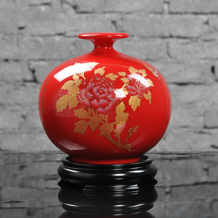 纤雅洁中国红富贵牡丹花瓶摆件天地方圆结婚新中式客厅电视柜办公室博